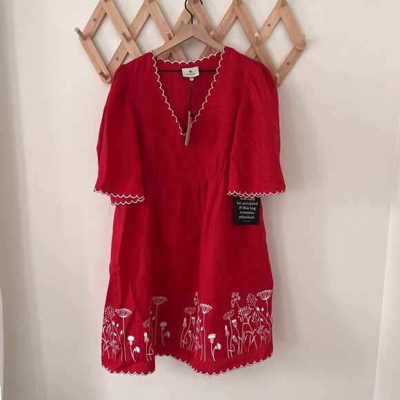 Tuckernuck Dresses & Skirts - NWT Tuckernuck Scarlett Red Embroidered Britton Dress Linen Scallop Hem Large